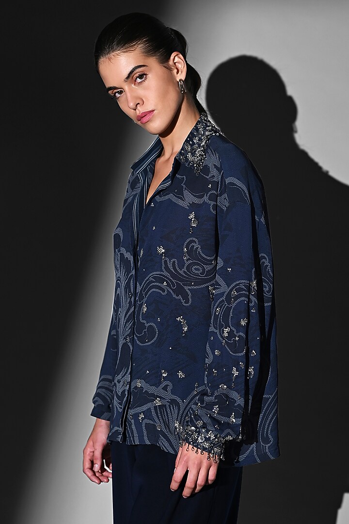 Indigo Blue Double Suiting Swirl Printed Shirt by Nikita Mhaisalkar at Pernia's Pop Up Shop