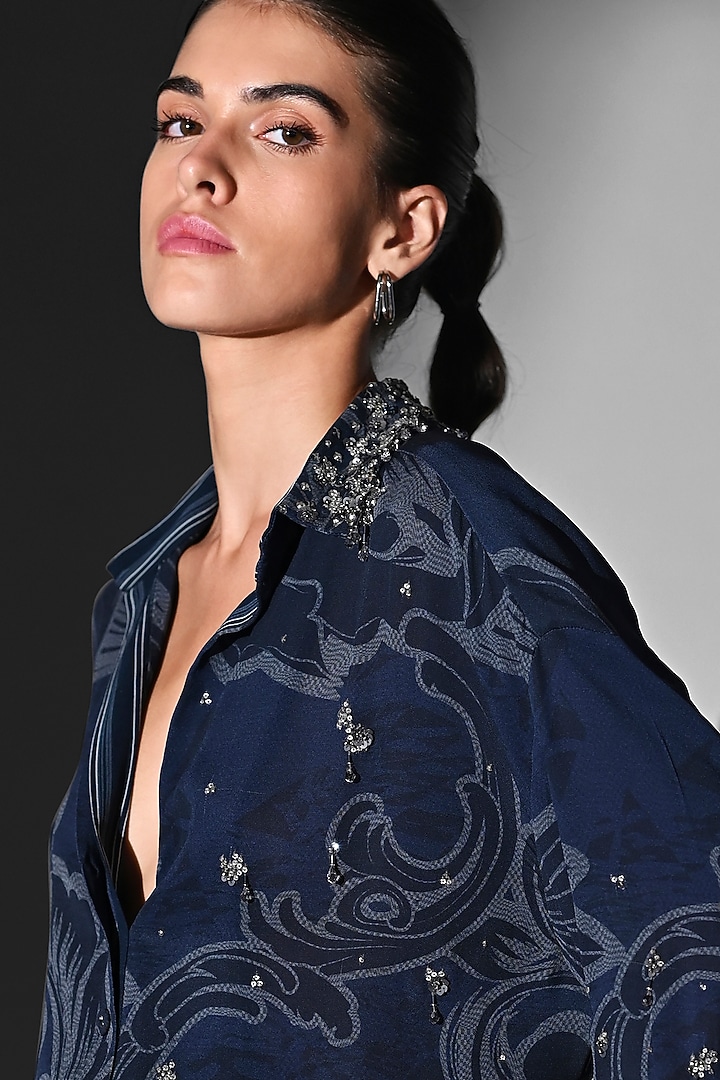 Indigo Blue Double Suiting Swirl Printed Shirt by Nikita Mhaisalkar at Pernia's Pop Up Shop