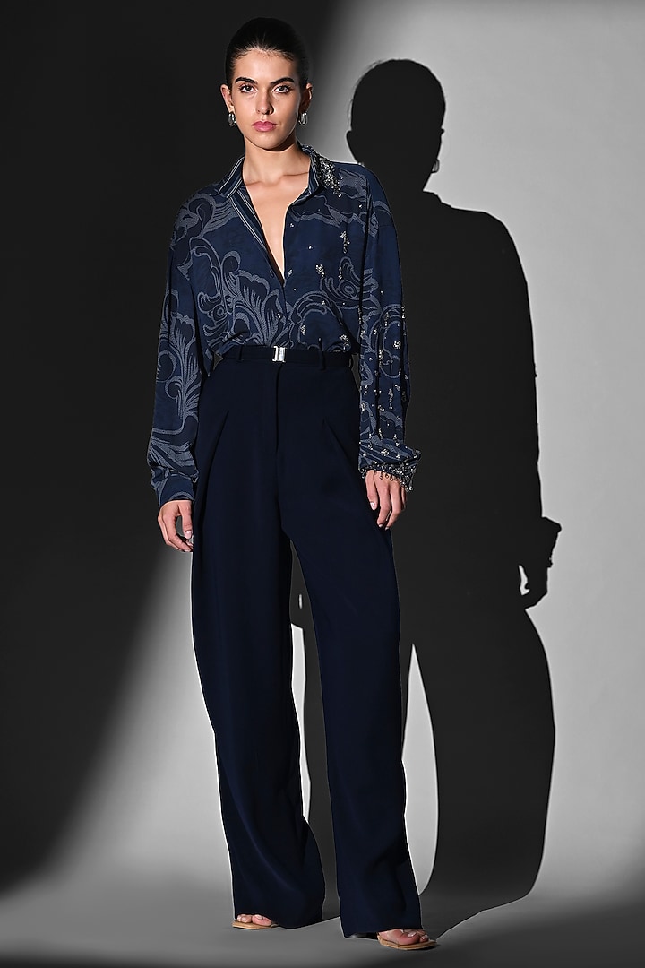 Indigo Blue Double Suiting Swirl Printed Shirt by Nikita Mhaisalkar at Pernia's Pop Up Shop