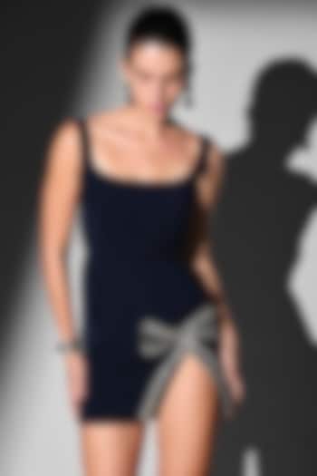 Indigo Blue Luxe Suiting Glass Beads Bow Embellished Mini Party Wear Dress by Nikita Mhaisalkar at Pernia's Pop Up Shop