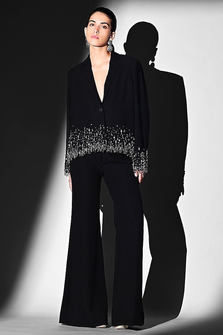 Noir Black Luxe Suiting Glass Beads Embroidered Blazer Set by Nikita Mhaisalkar at Pernia's Pop Up Shop