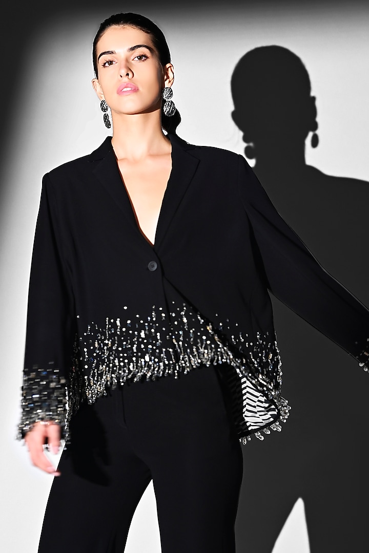 Noir Black Luxe Suiting Glass Beads Embroidered Blazer Set by Nikita Mhaisalkar at Pernia's Pop Up Shop