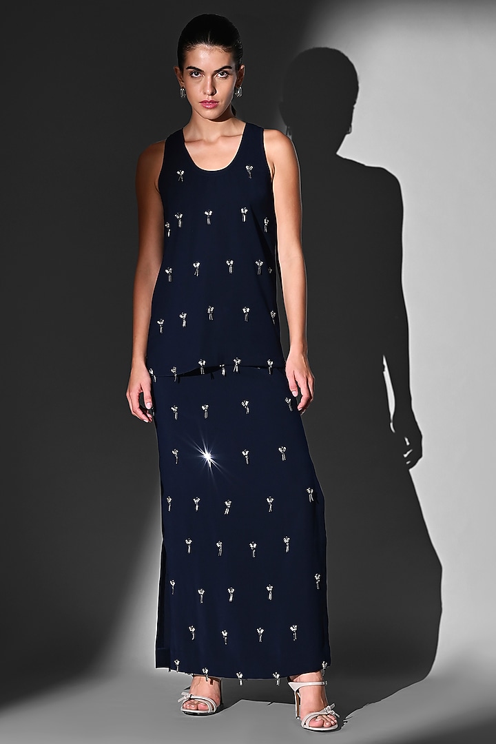Indigo Blue Luxe Suiting Glass Beads Embroidered Skirt Set by Nikita Mhaisalkar at Pernia's Pop Up Shop