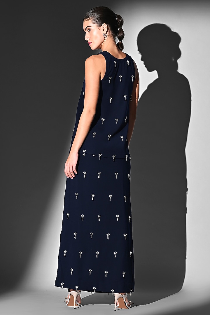 Indigo Blue Luxe Suiting Glass Beads Embroidered Skirt Set by Nikita Mhaisalkar at Pernia's Pop Up Shop