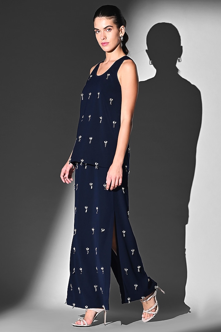 Indigo Blue Luxe Suiting Glass Beads Embroidered Skirt Set by Nikita Mhaisalkar at Pernia's Pop Up Shop