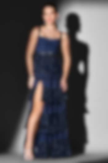 Indigo Blue Chantilly Lace Tiered Skirt Set by Nikita Mhaisalkar at Pernia's Pop Up Shop