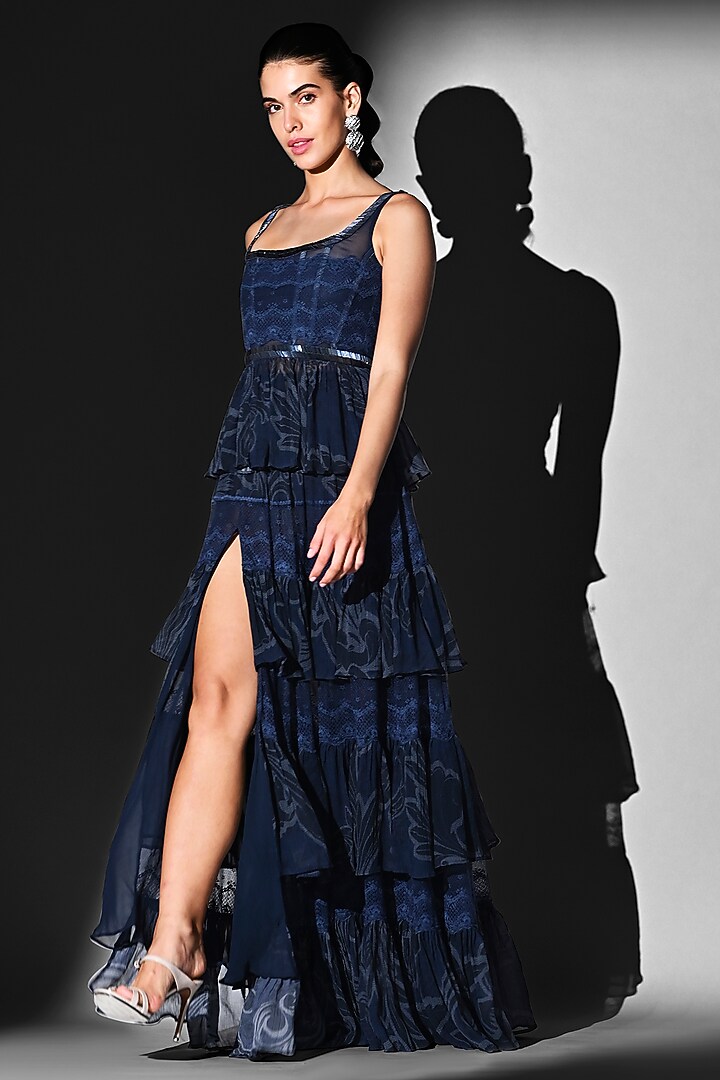 Indigo Blue Chantilly Lace Tiered Skirt Set by Nikita Mhaisalkar at Pernia's Pop Up Shop