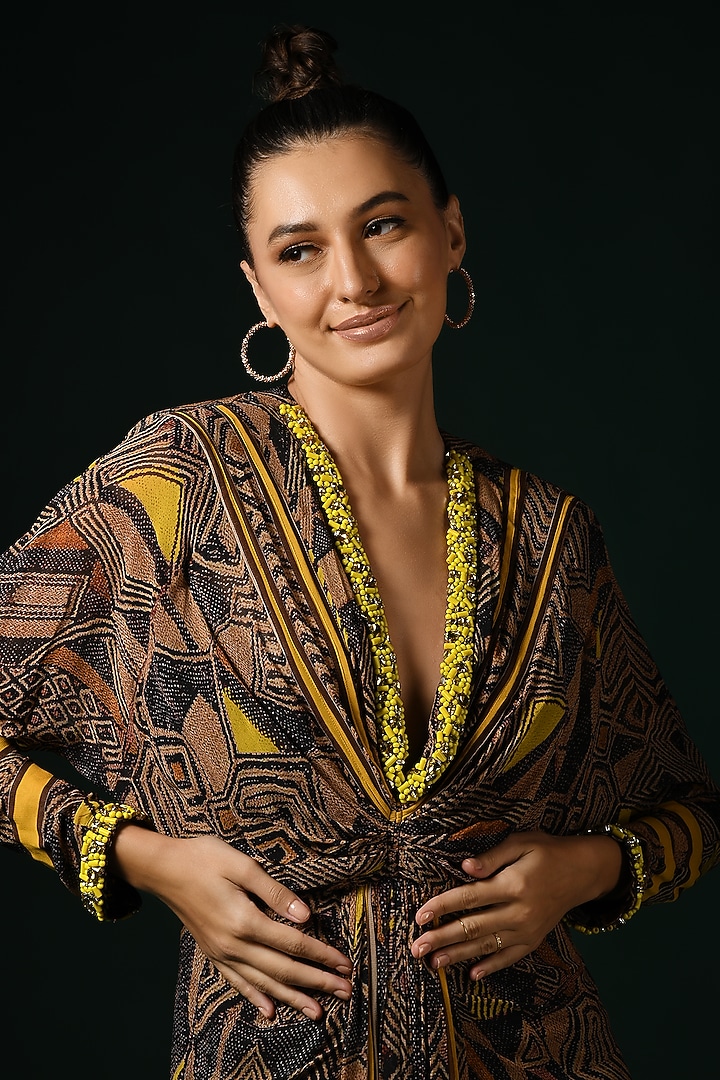 Brown Pure Georgette Printed Mini Cocktail Dress by Nikita Mhaisalkar at Pernia's Pop Up Shop