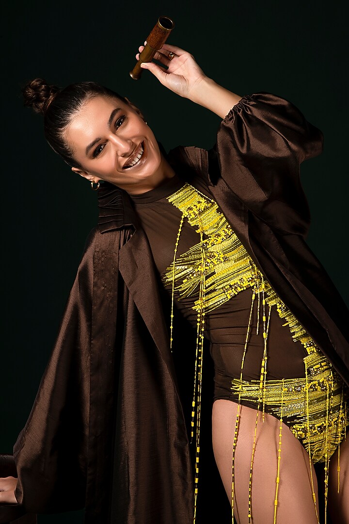 Brown Silk Jacket by Nikita Mhaisalkar at Pernia's Pop Up Shop