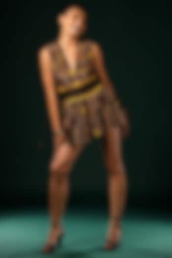 Brown Pure Georgette Printed Pleated Mini Cocktail Dress With Belt by Nikita Mhaisalkar at Pernia's Pop Up Shop