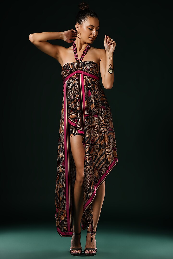 Brown Silk Satin Printed Asymmetrical Cocktail Dress by Nikita Mhaisalkar at Pernia's Pop Up Shop
