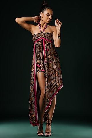 Brown Silk Satin Printed Asymmetrical Dress by Nikita Mhaisalkar