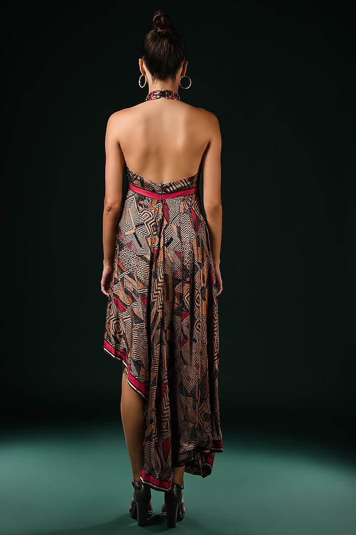 Brown Silk Satin Printed Asymmetrical Party Wear Dress by Nikita Mhaisalkar at Pernia's Pop Up Shop