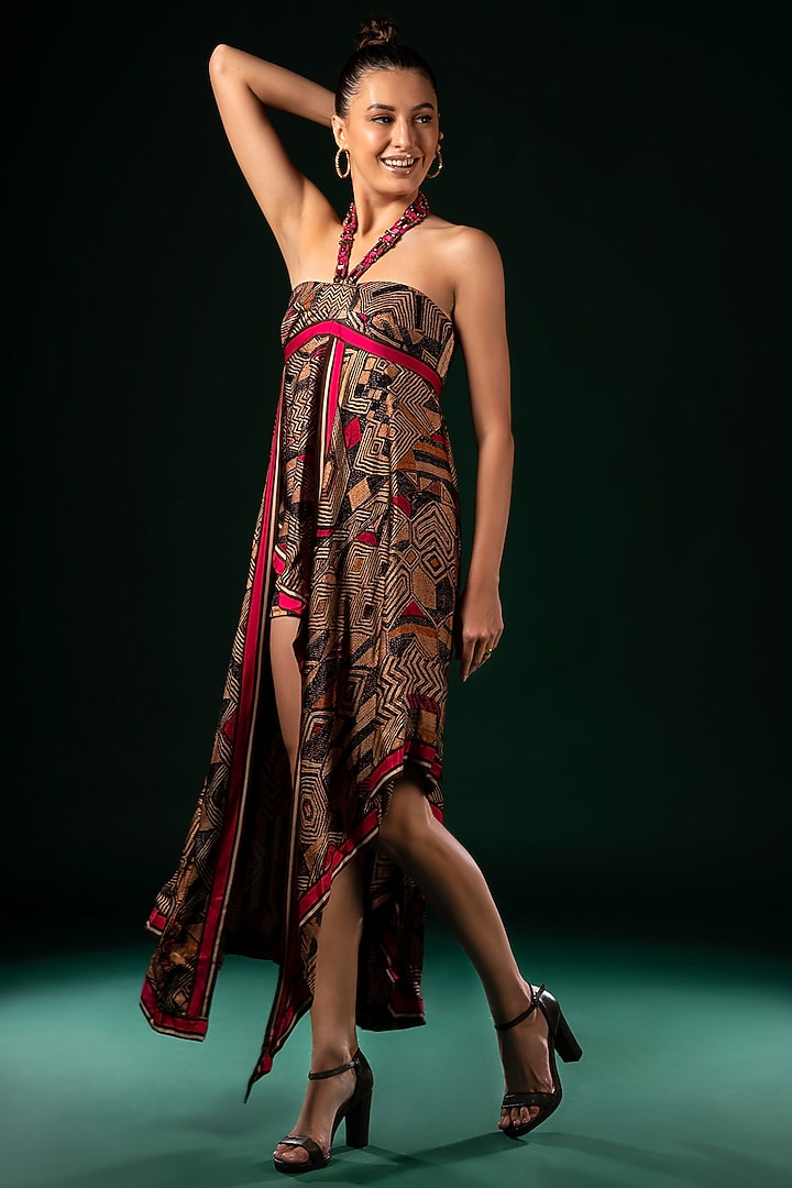 Brown Silk Satin Printed Asymmetrical Party Wear Dress by Nikita Mhaisalkar at Pernia's Pop Up Shop