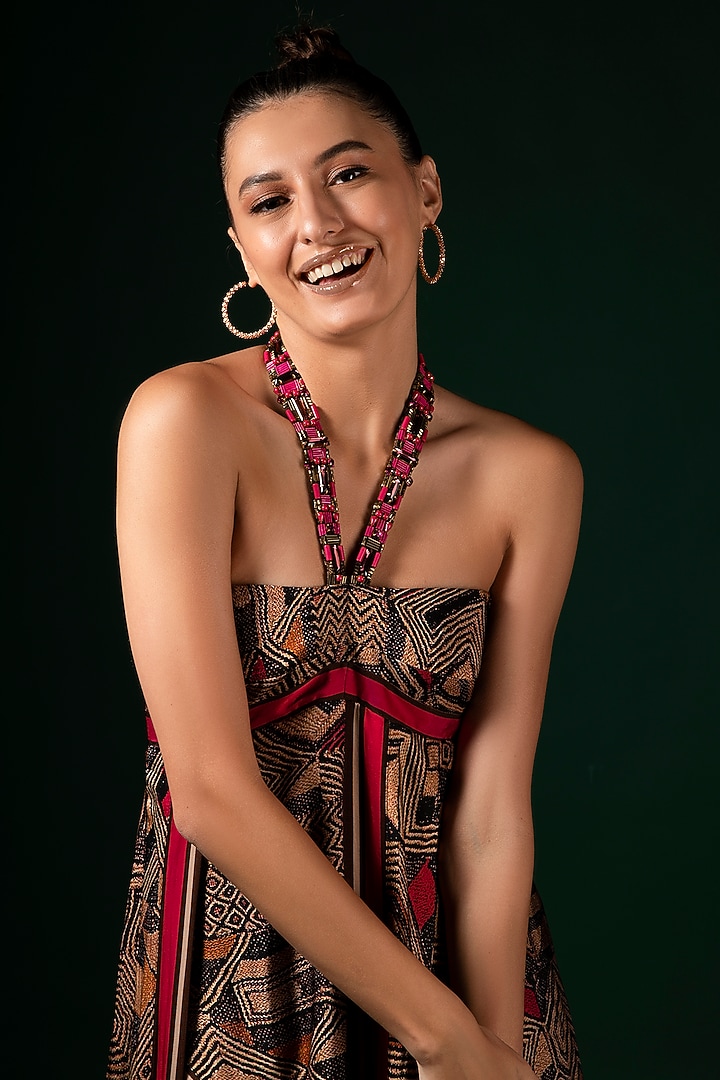 Brown Silk Satin Printed Asymmetrical Party Wear Dress by Nikita Mhaisalkar at Pernia's Pop Up Shop