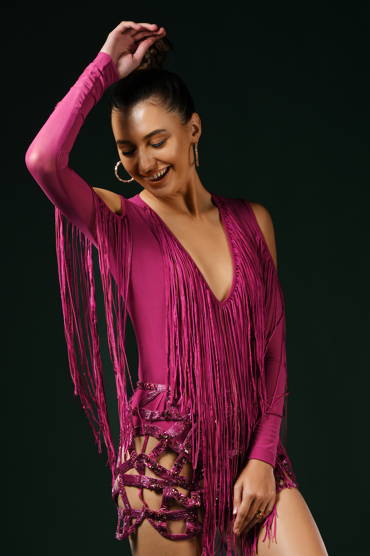Fuchsia Tulle Fringed Bodysuit by Nikita Mhaisalkar at Pernia's Pop Up Shop