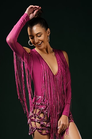 Fuchsia Tulle Fringed Bodysuit by Nikita Mhaisalkar