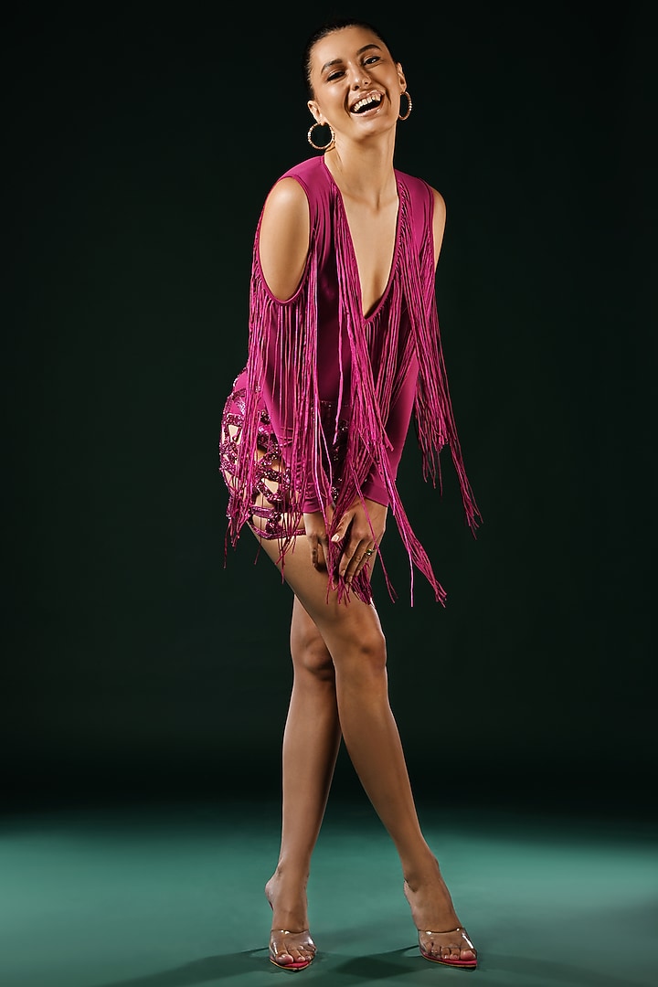 Fuchsia Tulle Fringed Bodysuit by Nikita Mhaisalkar at Pernia's Pop Up Shop