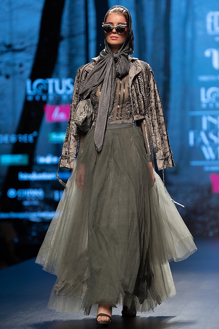 Ash Grey Asymmetrical Skirt With Belt by Nikita Mhaisalkar