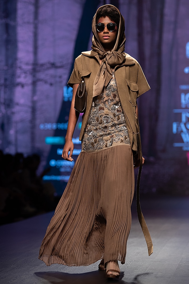 Dark Tan Oversized Coat With Sash by Nikita Mhaisalkar