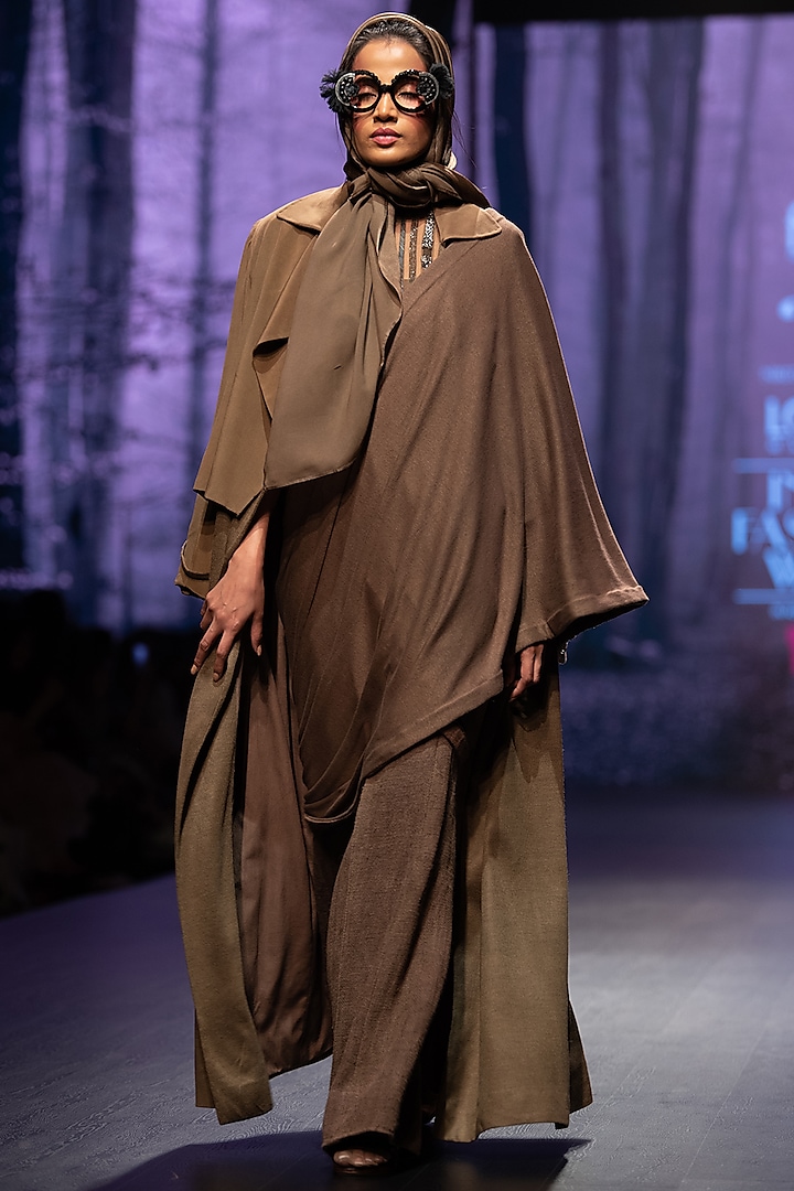 Dark Tan Embellished Saree Jumpsuit by Nikita Mhaisalkar