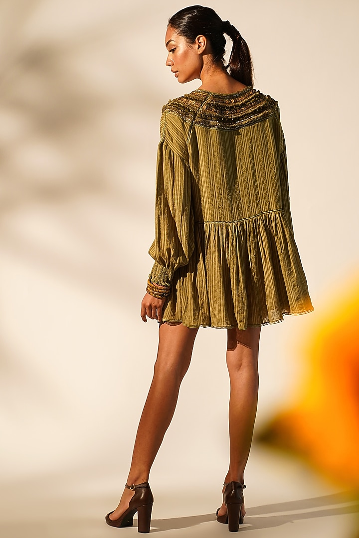 Moss Green Striped Chanderi Embellished Mini Cocktail Dress by Nikita Mhaisalkar at Pernia's Pop Up Shop