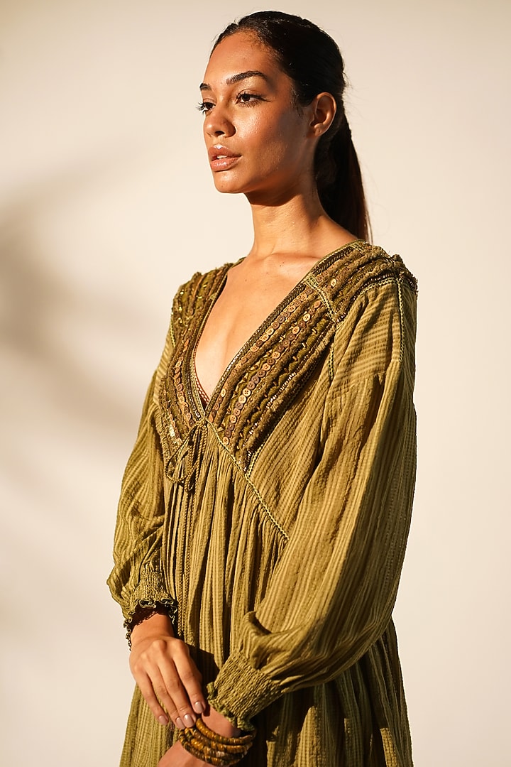 Moss Green Striped Chanderi Embellished Mini Cocktail Dress by Nikita Mhaisalkar at Pernia's Pop Up Shop
