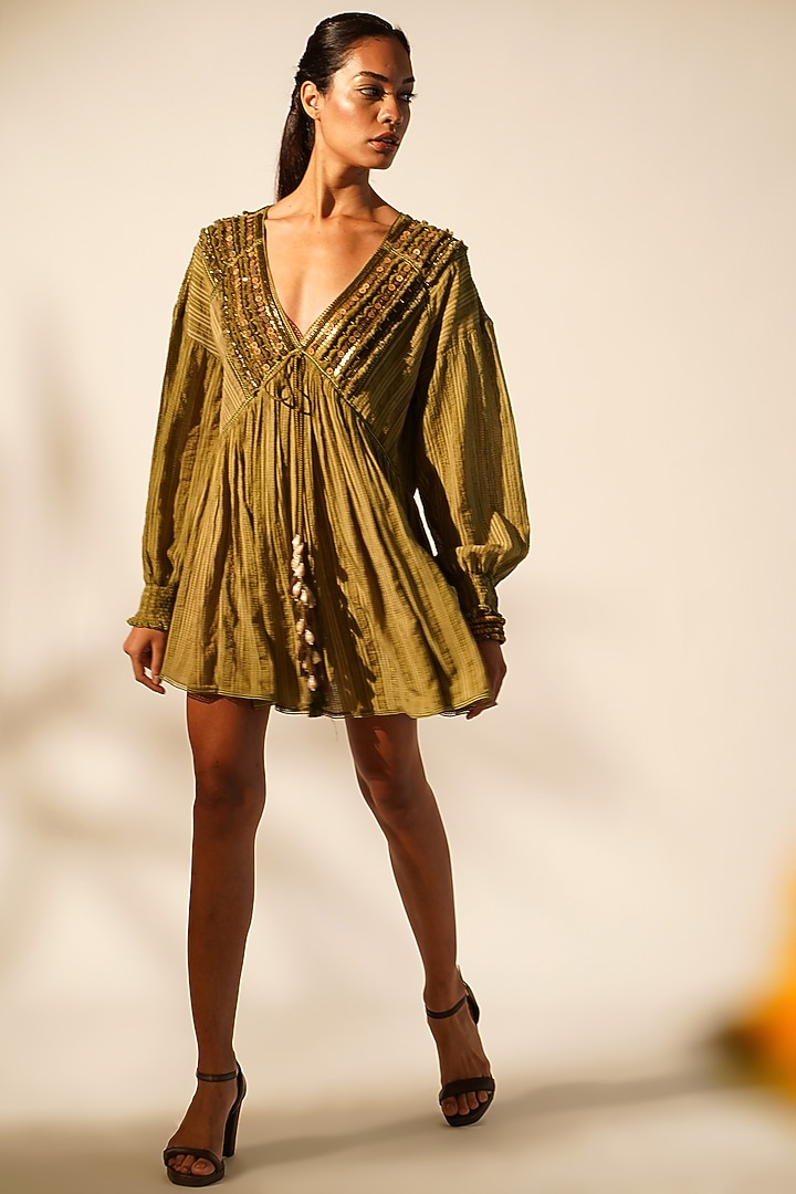 Moss Green Striped Chanderi Embellished Mini Cocktail Dress by Nikita Mhaisalkar at Pernia's Pop Up Shop