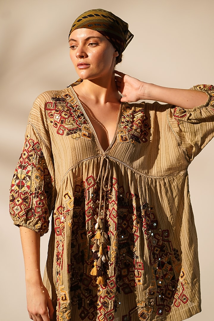 Khaki Striped Chanderi Embellished Mini Party Wear Dress by Nikita Mhaisalkar at Pernia's Pop Up Shop