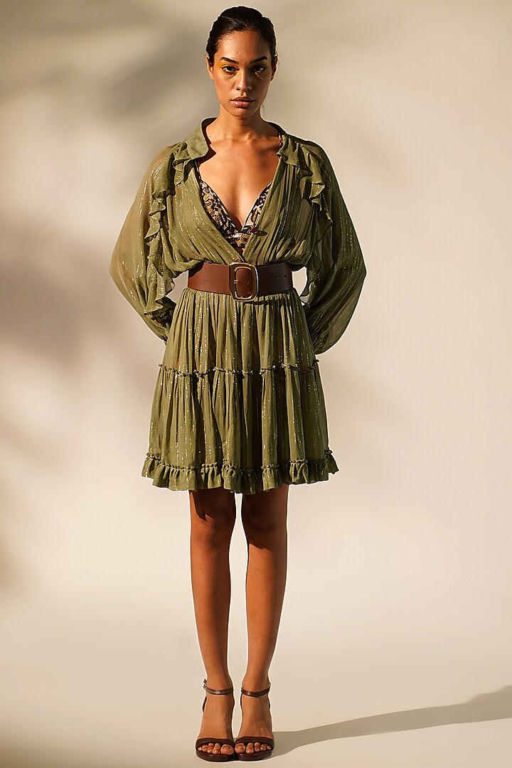 Green Lurex Georgette Mini Dress by Nikita Mhaisalkar