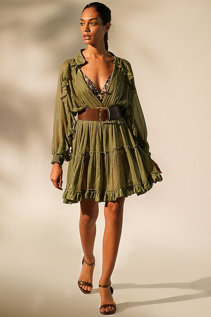 Green Lurex Georgette Mini Cocktail Dress by Nikita Mhaisalkar at Pernia's Pop Up Shop