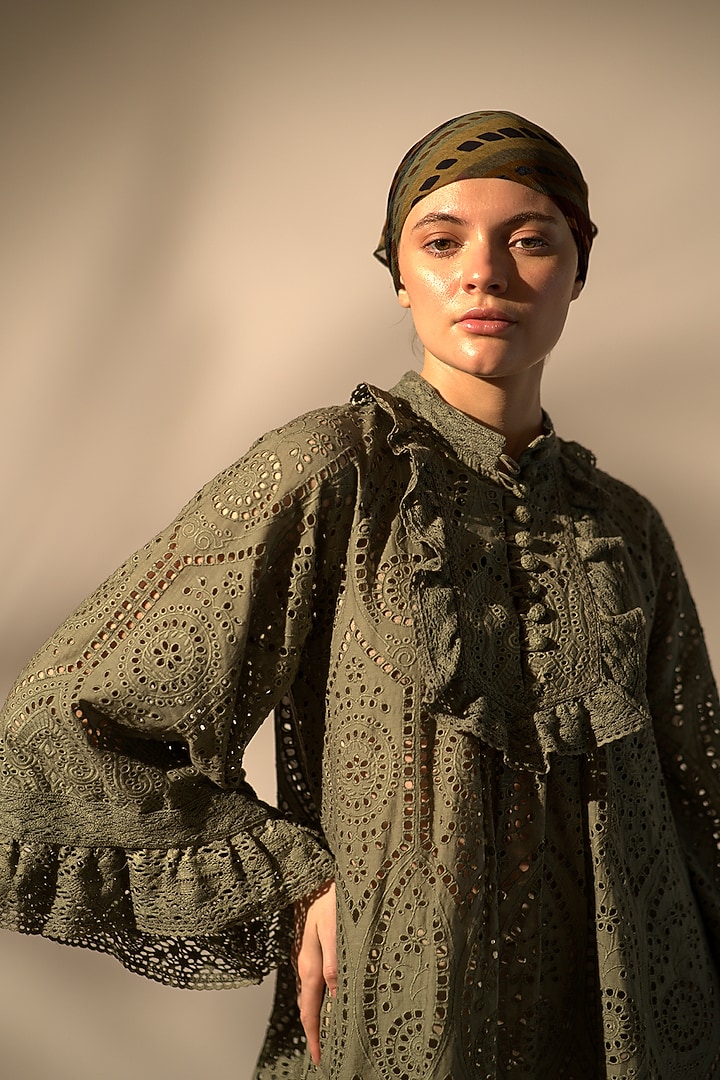 Army Green Schiffli Mini Cocktail Dress by Nikita Mhaisalkar at Pernia's Pop Up Shop
