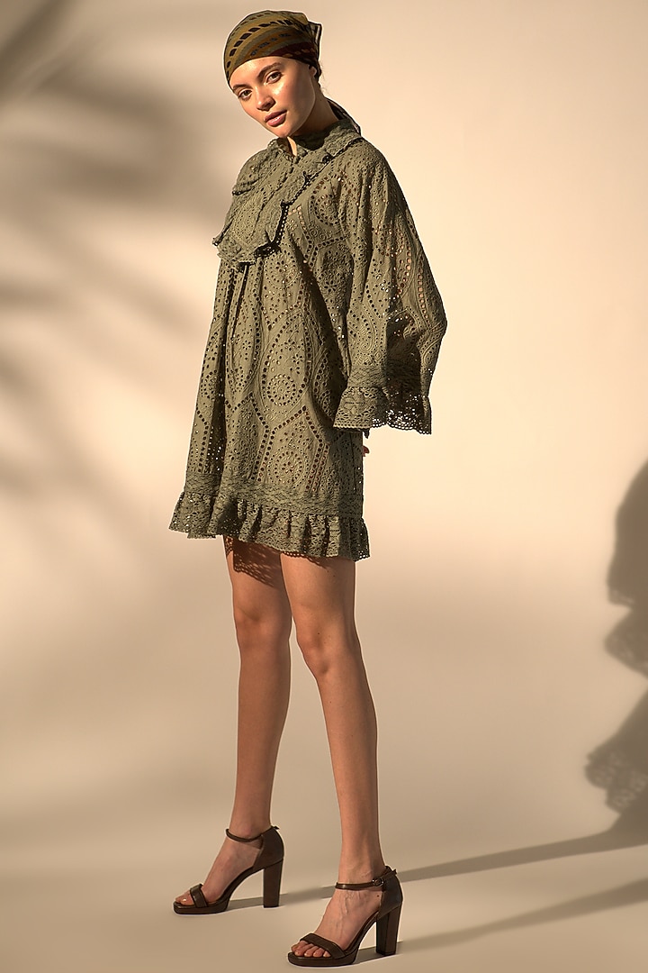 Army Green Schiffli Mini Cocktail Dress by Nikita Mhaisalkar at Pernia's Pop Up Shop