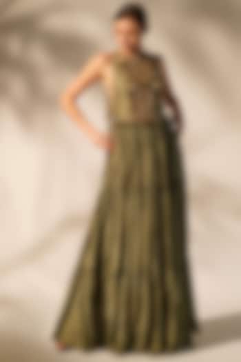 Olive Green Mul Silk Embellished Maxi Dress by Nikita Mhaisalkar