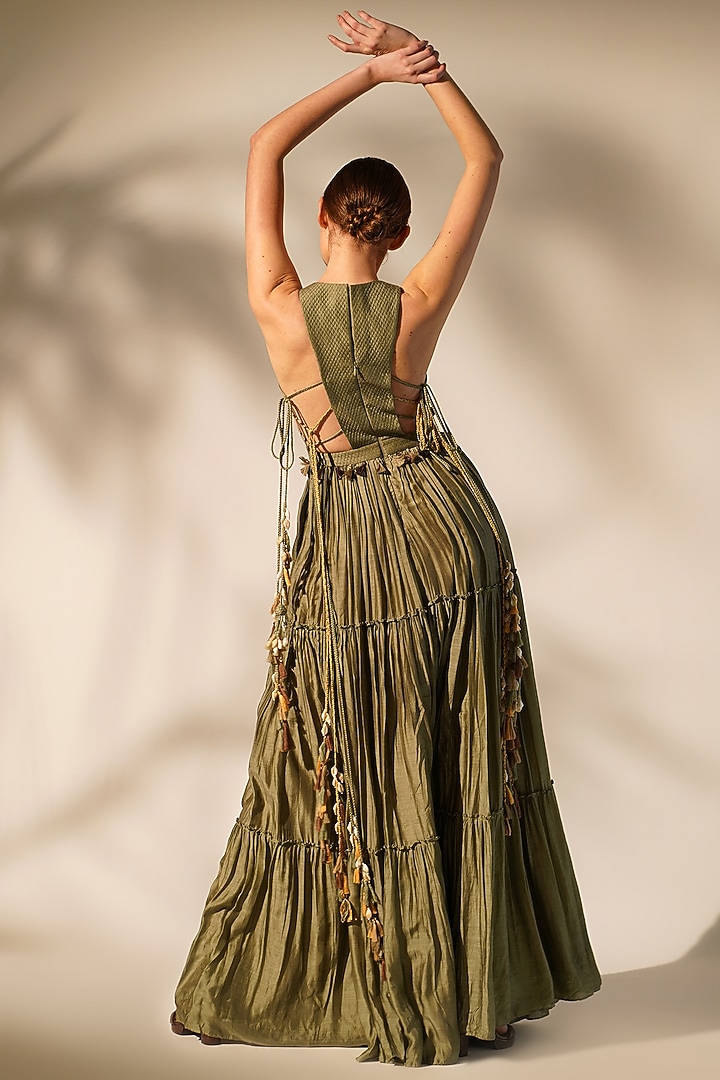 Olive Green Mul Silk Embellished Maxi Party Wear Dress by Nikita Mhaisalkar at Pernia's Pop Up Shop