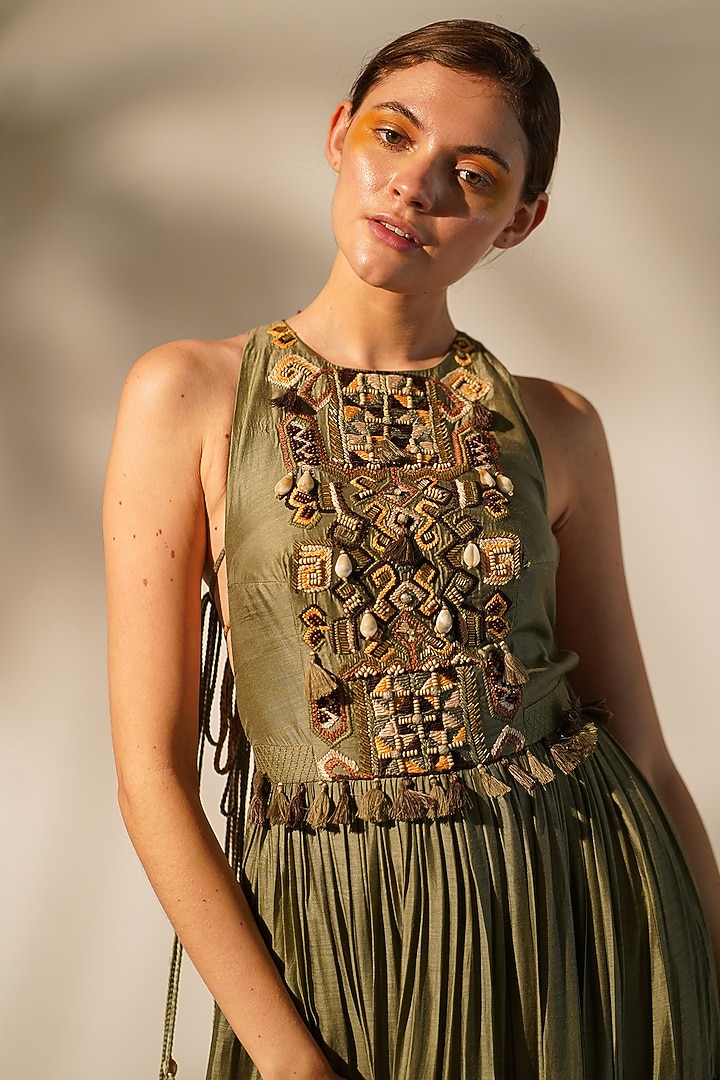 Olive Green Mul Silk Embellished Maxi Party Wear Dress by Nikita Mhaisalkar at Pernia's Pop Up Shop