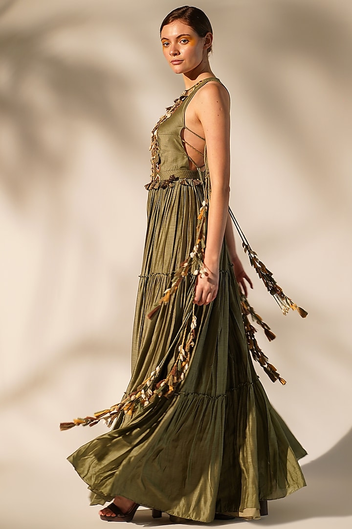 Olive Green Mul Silk Embellished Maxi Party Wear Dress by Nikita Mhaisalkar at Pernia's Pop Up Shop