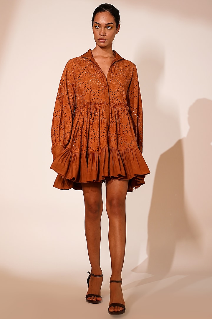 Rust Schiffli Mini Dress by Nikita Mhaisalkar