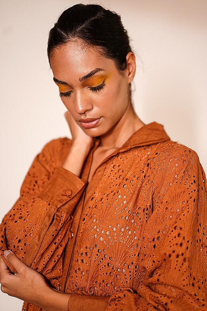 Rust Schiffli Mini Cocktail Dress by Nikita Mhaisalkar at Pernia's Pop Up Shop