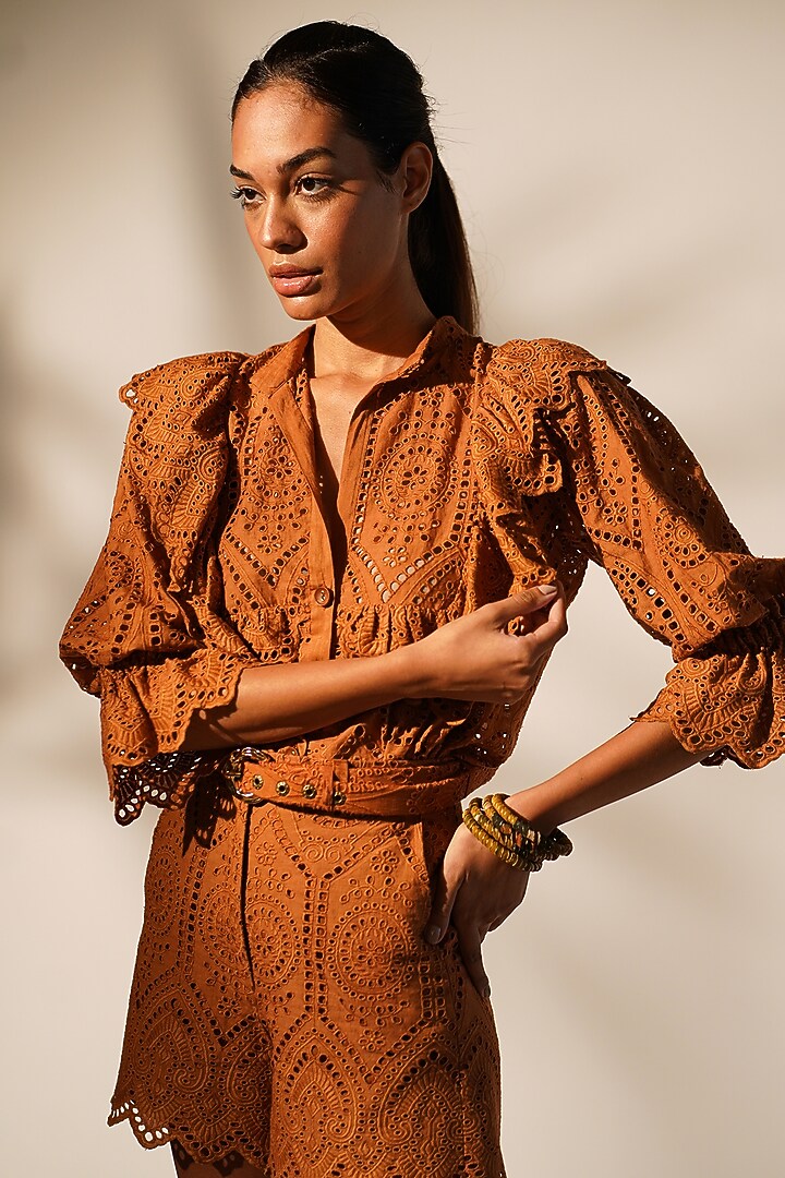 Rust Schiffli Co-Ord Set by Nikita Mhaisalkar at Pernia's Pop Up Shop