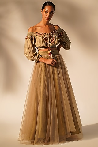 Beige Striped Chanderi Embellished Off-Shoulder Top by Nikita Mhaisalkar