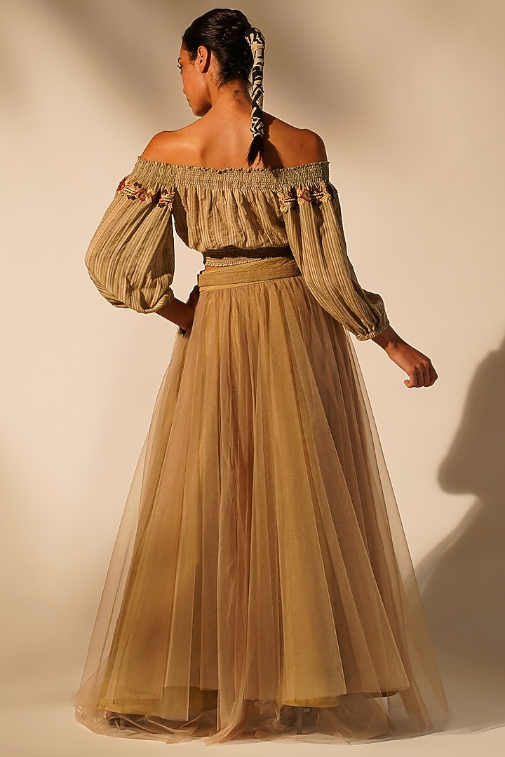 Beige Striped Chanderi Embellished Off-Shoulder Top by Nikita Mhaisalkar at Pernia's Pop Up Shop