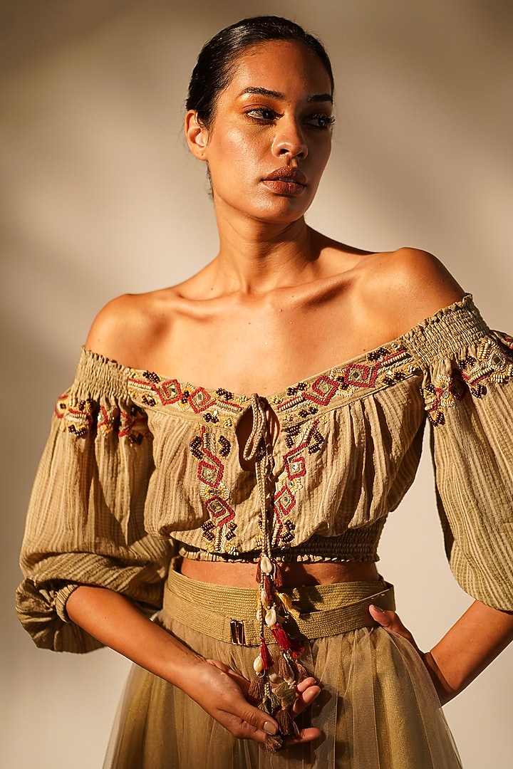 Beige Striped Chanderi Embellished Off-Shoulder Top by Nikita Mhaisalkar at Pernia's Pop Up Shop