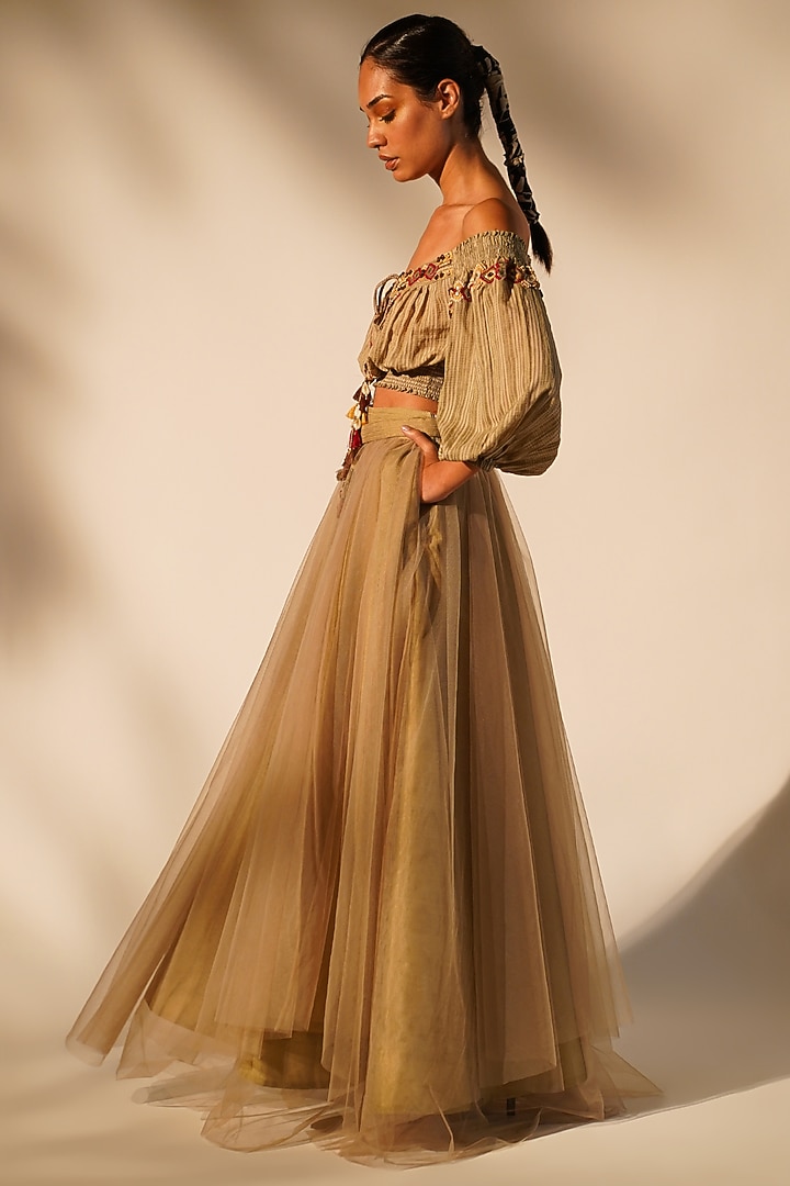 Beige Striped Chanderi Embellished Off-Shoulder Top by Nikita Mhaisalkar at Pernia's Pop Up Shop