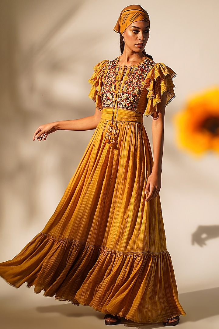 Mustard Striped Chanderi Embellished Maxi Dress by Nikita Mhaisalkar