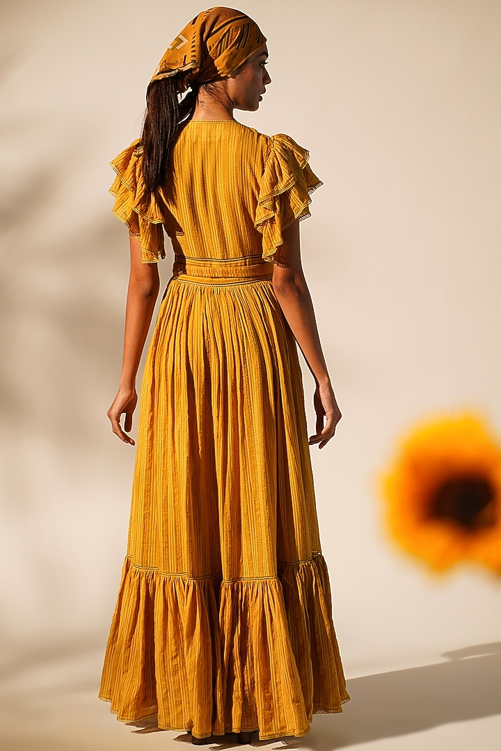 Mustard Striped Chanderi Embellished Maxi Cocktail Dress by Nikita Mhaisalkar at Pernia's Pop Up Shop