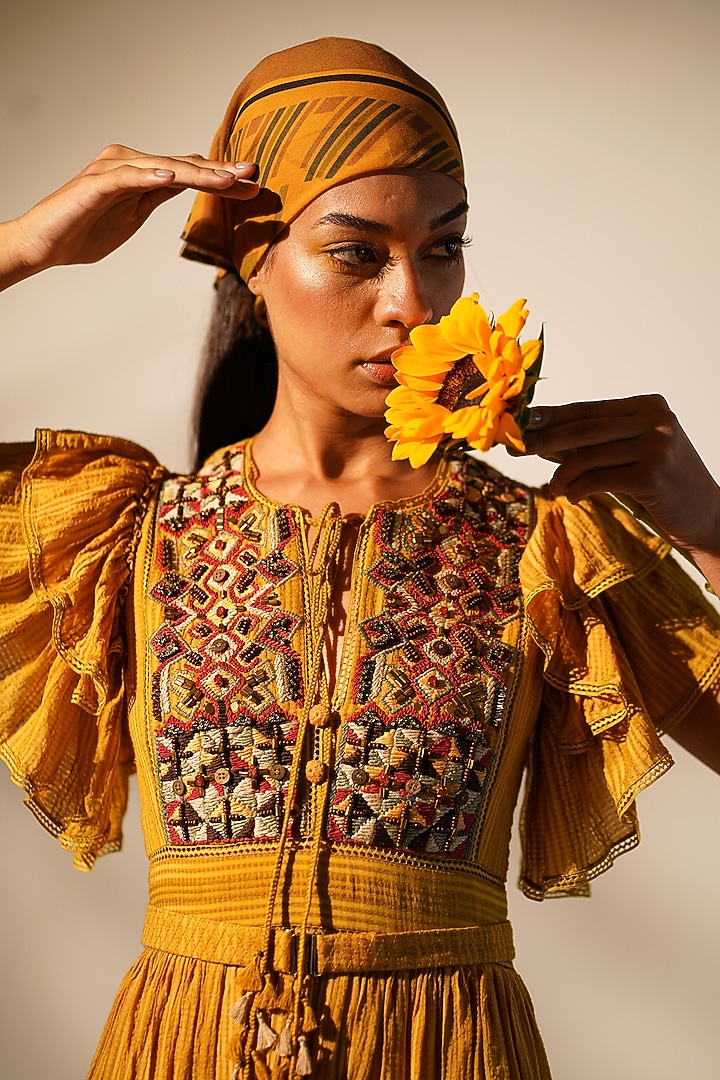Mustard Striped Chanderi Embellished Maxi Cocktail Dress by Nikita Mhaisalkar at Pernia's Pop Up Shop