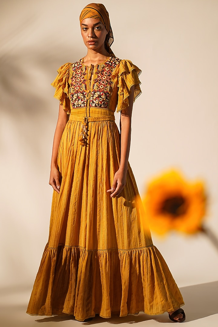 Mustard Striped Chanderi Embellished Maxi Cocktail Dress by Nikita Mhaisalkar at Pernia's Pop Up Shop