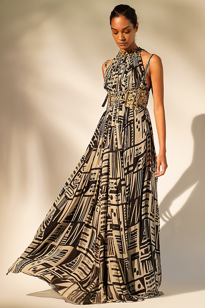 Black & White Pure Georgette Printed Maxi Party Wear Dress by Nikita Mhaisalkar at Pernia's Pop Up Shop