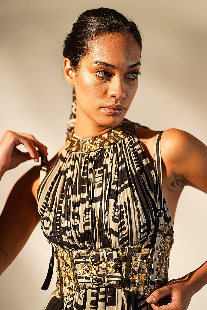 Black & White Pure Georgette Printed Maxi Party Wear Dress by Nikita Mhaisalkar at Pernia's Pop Up Shop
